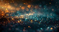 Magical glowing bokeh lights in dark turquoise and golden colors create dreamy abstract background with blurred sparkles and particles floating in space.