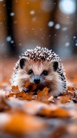 Adorable hedgehog in autumn leaves during first snowfall with blurred warm background. Cute spiny mammal wildlife photography for seasonal content.