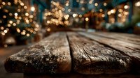 Rustic wooden table surface with warm bokeh lights creating cozy atmosphere for product display and holiday marketing campaigns.