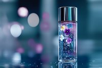 Magical glitter swirling in glass bottle with purple and blue colors against blurred bokeh background creates dreamy cosmetic product photography mood.