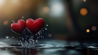 Red heart shapes splashing in water with water drops and bokeh lights in background, romantic Valentine concept for greeting cards and love declarations.
