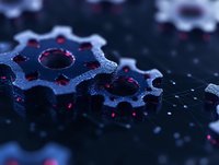 Metallic gears with red glowing elements on dark background, macro photography showing industrial mechanical parts with water droplets creating dramatic effect.