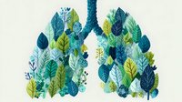 Lungs formed from vibrant blue and green leaves, symbolizing environmental health and respiratory wellness. Concept art for healthcare or ecology campaigns.