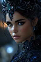 Mysterious dark queen with blue crystal crown and ornate black gown. Dramatic side profile features intense blue eyes, defined brows, and flawless makeup against moody lighting.