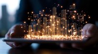 Digital cityscape hologram emerging from tablet with glowing buildings and communication icons, hands holding device in dark setting with bokeh lights.
