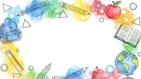 Colorful watercolor school supplies frame with backpack, pencils, books, apple and globe creating border around white copy space for educational content.