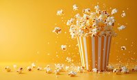 Fresh popcorn exploding from striped container against vibrant yellow background, creating dynamic motion of white kernels for entertainment and snack concepts.