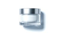Glass cosmetic jar with silver lid isolated on white background for skincare product packaging and beauty brand design.