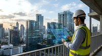 Construction engineer using digital tablet with holographic building data overlay on urban skyline balcony during sunset for smart city development projects.