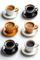 Collection of ceramic coffee cups and saucers in different colors with fresh brewed coffee on white background, arranged in grid pattern for menu or cafe design.