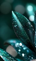 Dark green leaf covered in morning dew drops against blurred bokeh background creates magical natural macro photography effect in turquoise tones.