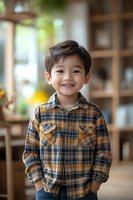 Young Asian boy wearing plaid flannel shirt smiles warmly at camera with hands in pockets, standing in casual home setting with soft natural lighting and blurred background.