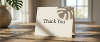 Elegant thank you card standing on a rustic wooden table with soft natural light and monstera leaf shadow in a cozy interior setting.