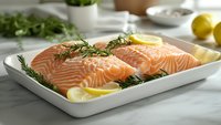 Fresh raw salmon fillets garnished with aromatic dill, rosemary sprigs and lemon slices on white ceramic plate, ready for cooking. Healthy seafood preparation.