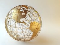 Wireframe globe model showing North and South America continents in gold metallic finish on light background, modern minimalist design for global business concepts.
