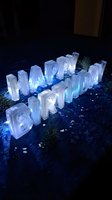 Illuminated ice blocks arranged in rows on dark ground with blue LED lighting and small plants, creating modern event decoration or winter display setup.