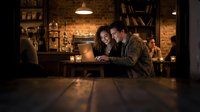 Young diverse couple working together on laptop in cozy evening cafe with warm lighting and brick walls for remote work and collaboration concepts.