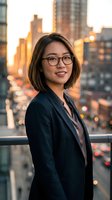 Professional Asian businesswoman with glasses smiling confidently against urban city skyline at sunset for corporate and career success concepts.
