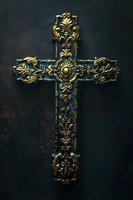 Ornate golden cross with intricate baroque floral engravings on dark textured background for religious and spiritual design projects.