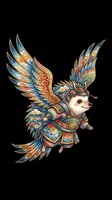 Flying hedgehog warrior in ornate Asian-style armor with colorful wings, isolated on transparent background, ready for stickers, t-shirt design, and print on demand.