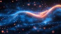Cosmic energy wave glowing in deep space, magical blue and orange light trail with sparkles and particles against dark starry background.