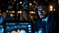 Young businessman analyzing financial charts on computer screen at night office, team working late with market data and glowing bokeh lights background.