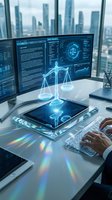 Legal professional working with digital scales of justice hologram on tablet, multiple monitors displaying data analytics and compliance software in modern high-rise office overlooking cityscape.