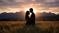 Romantic couple silhouette embracing in golden wheat field at sunset with mountain backdrop creating intimate moment for wedding and love concepts.
