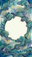 Ornate watercolor cloud frame with swirling patterns in blue and gold tones, featuring central white space for text or design elements on isolated background.