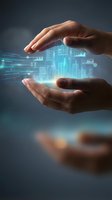 Hands holding glowing digital city hologram with data visualization and financial charts, representing smart technology, urban development, innovation, and business growth for corporate applications.