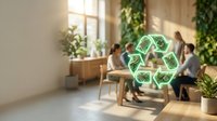 Modern office space with glowing green recycling symbol hologram, sustainable business concept with employees working at wooden desks surrounded by plants.