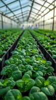 Commercial greenhouse with rows of fresh green leafy vegetables growing in hydroponic system. Workers tending crops in modern agricultural facility.