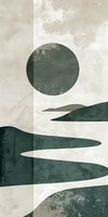 Minimalist abstract landscape with dark green mountains and full moon against cream background. Textured artistic composition with organic shapes and grunge effect.