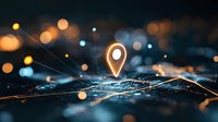 Glowing location pin icon over digital city map with connected network lines and bokeh lights in dark blue and orange tones. Modern navigation concept.