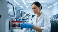Female scientist in white lab coat examining blood samples in modern laboratory with advanced equipment and sterile environment for medical research.