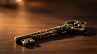 Ornate vintage brass key with decorative engravings lying on rustic wooden surface with warm lighting creating atmospheric shadows and golden tones.