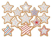 Gingerbread star cookies with white icing, sprinkles, and red striped frosting designs on white background. Isolated clipart ready for holiday designs, greeting cards, and festive projects.