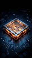 Futuristic glowing microprocessor chip with orange illuminated circuits on dark blue circuit board background for technology and computing concepts.