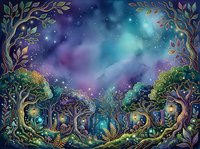 Enchanted forest with glowing trees, magical woodland creatures, and starry night sky with ethereal light effects, suitable for fantasy art, book illustrations, and mystical themed designs.
