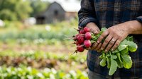Farmer holding fresh red radishes with green leaves in vegetable garden, harvesting organic produce for agriculture and farming concepts.