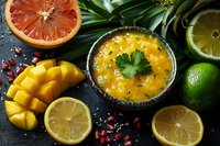 Tropical fruit smoothie with mango, citrus and fresh ingredients in black bowl on dark background. Perfect for healthy lifestyle and summer menu promotion.