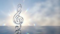 Transparent treble clef symbol floating above reflective surface with bright sunburst and lens flares against cloudy sky background for music design projects.