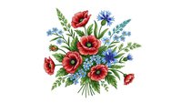 Wildflower bouquet with red poppies and blue cornflowers on white background. Floral arrangement isolated for greeting cards and textile design.