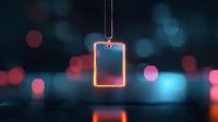 Glowing neon rectangle badge hanging on chain against blurred bokeh background in dark with red and blue lights reflection on glossy surface.