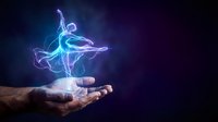 Glowing neon ballerina dancer floating above open palm against dark background. Digital art concept for creativity, performance and artistic expression.