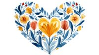 Floral heart arrangement with orange, yellow and blue flowers in folk art style on white background, decorative botanical composition for greeting cards.