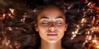 Young woman with closed eyes and serene expression lying with flowing dark hair surrounded by warm glowing lights creating dreamy atmospheric portrait.