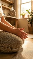 Woman practicing meditation in lotus position at home with warm sunlight streaming through window creating peaceful morning wellness routine.