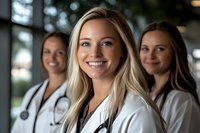 Smiling blonde female doctor in white coat with stethoscope leading medical team in modern hospital setting for healthcare and teamwork concepts.