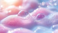 Water droplets resting on soft pink and white textured surface with bokeh background, suitable for skincare, cosmetics, wellness and spa design projects.